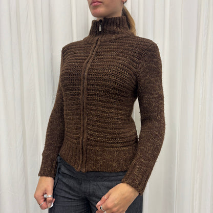 Brown Funnel Neck Knit Cardigan