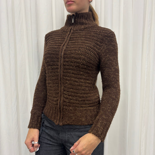 Brown Funnel Neck Knit Cardigan