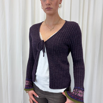 Ribbed Tie Cardigan w/ Flared Sleeves