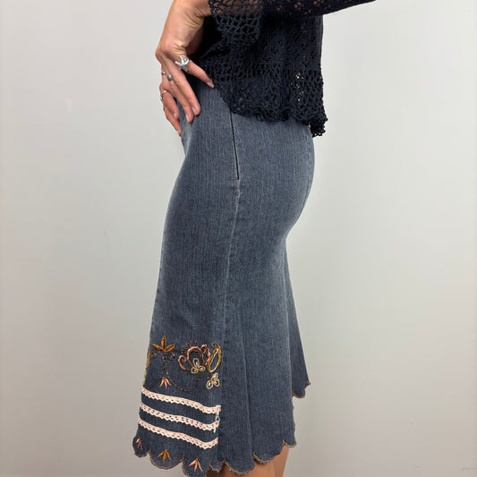 Denim Embroided Midi Skirt | Size S