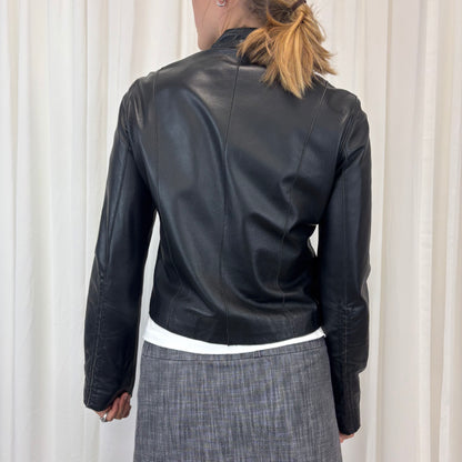 Ruched Italian Biker Leather Jacket | Size M