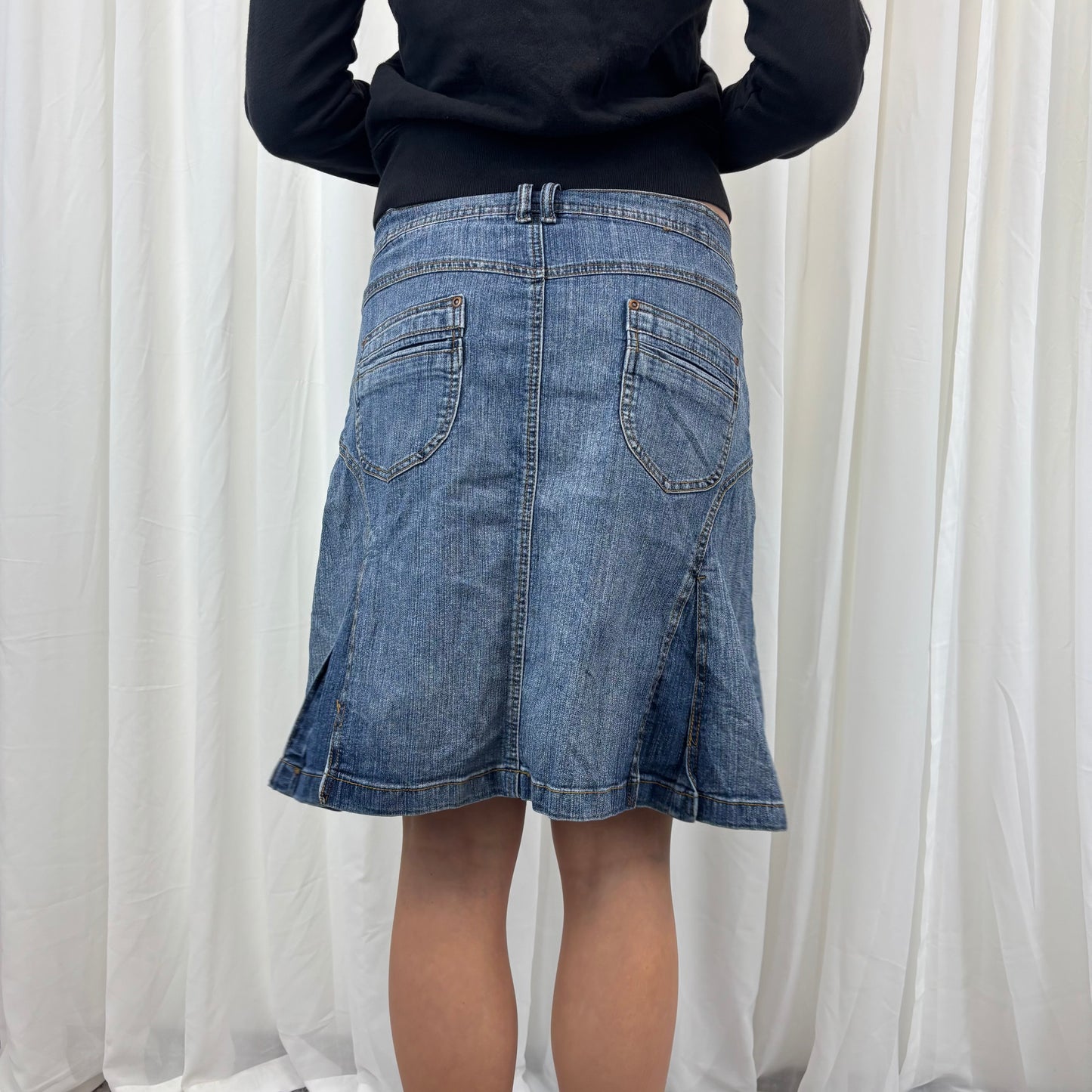 Lowrise Denim Pleated Midi Skirt
