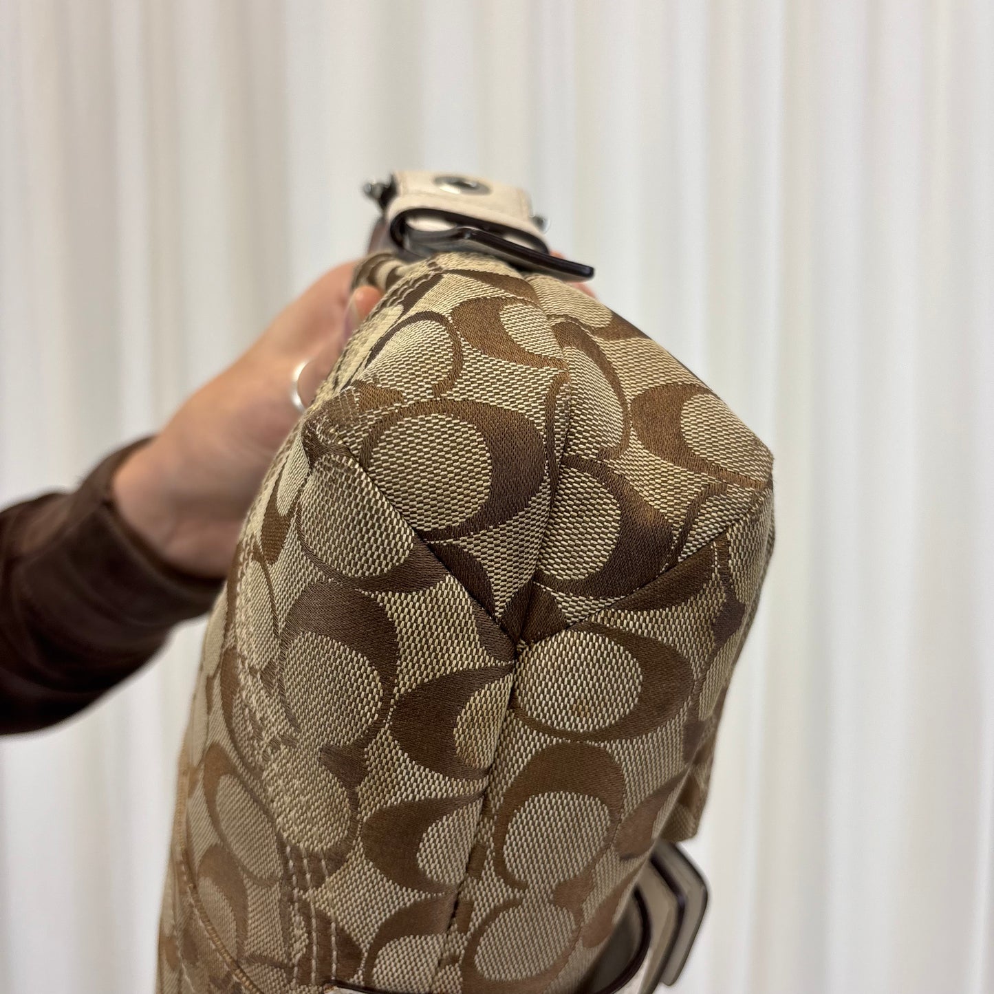 Coach Signature Double Pocket Soho Bag with White Leather