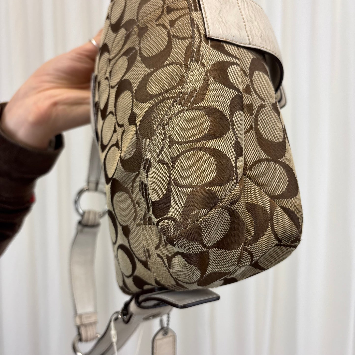 Coach Signature Double Pocket Soho Bag with White Leather