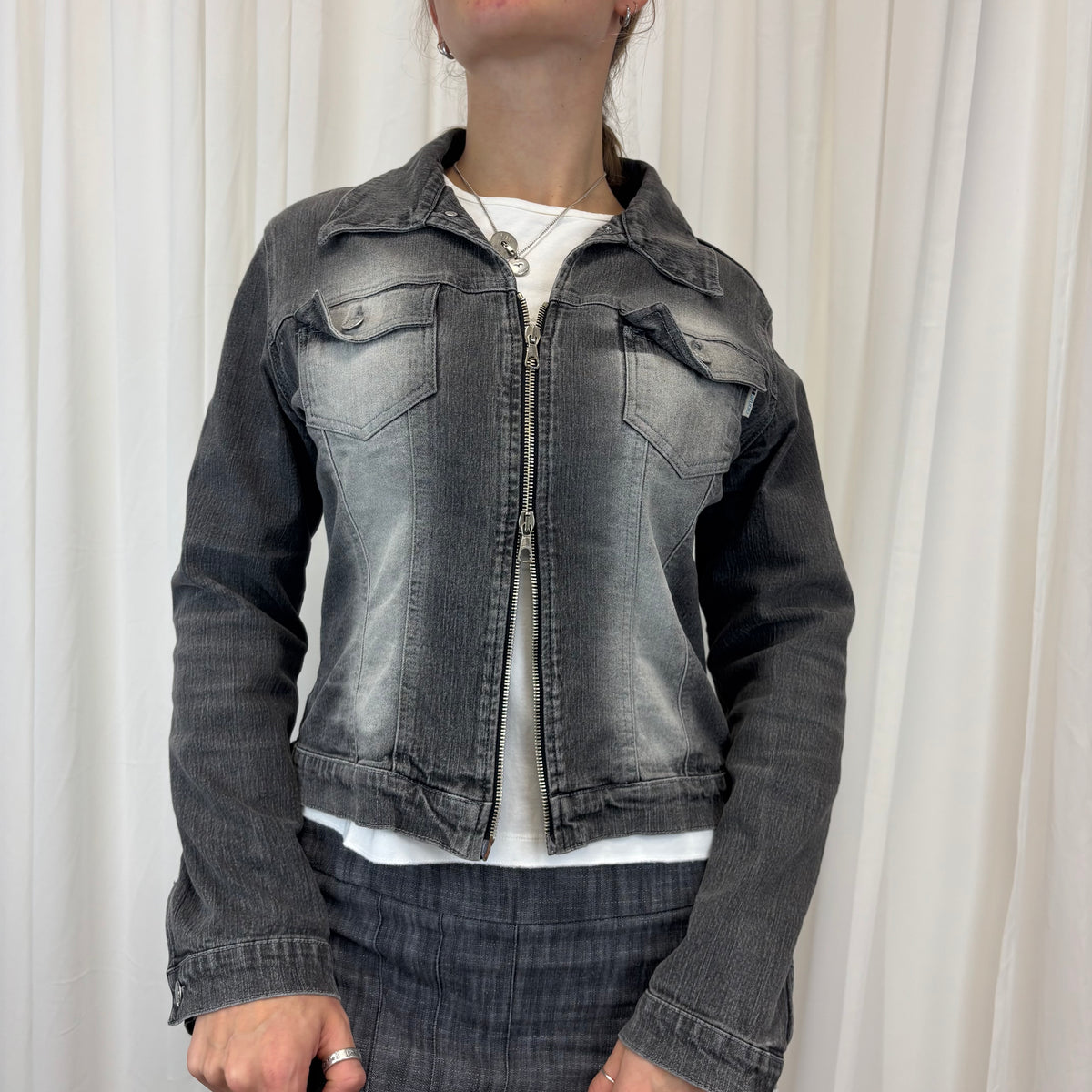 Grey Zip Up Denim Jacket | Size M