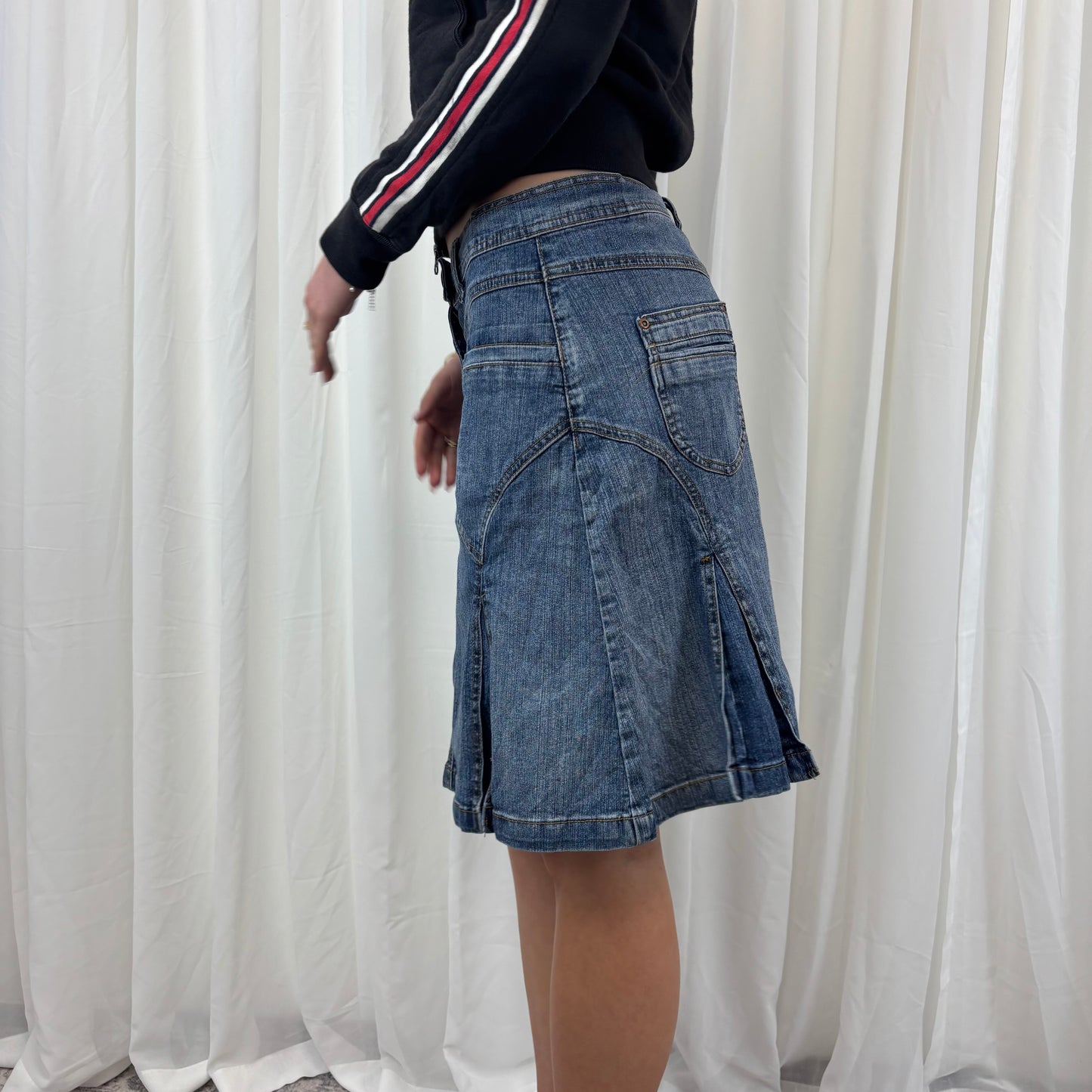 Lowrise Denim Pleated Midi Skirt