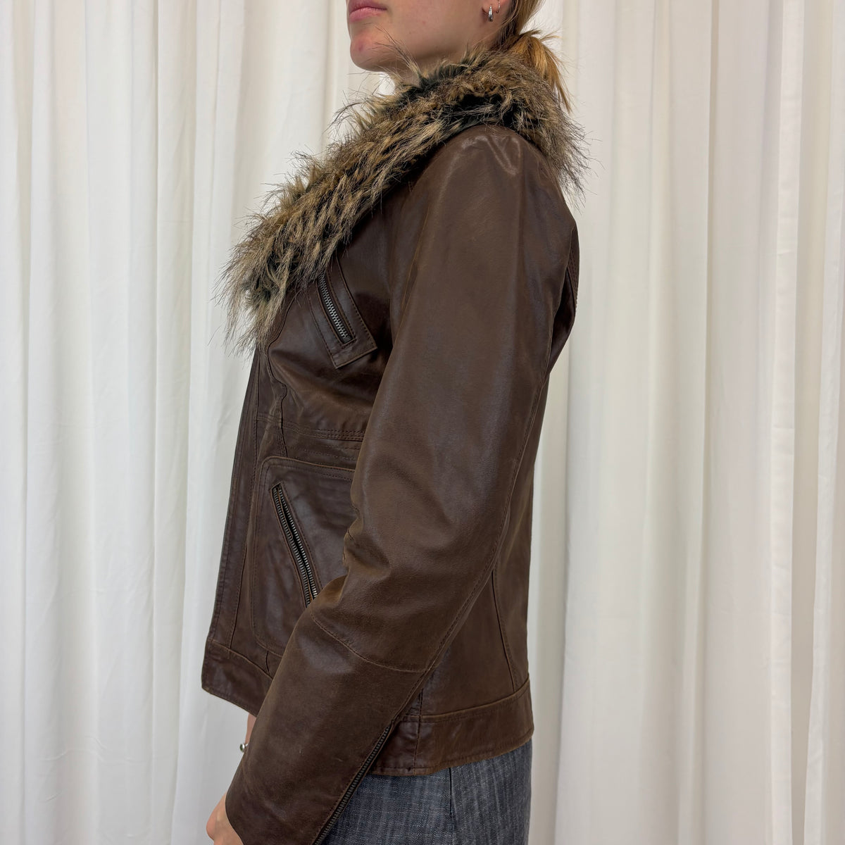 Faux Fur Leather Jacket | Size M-L