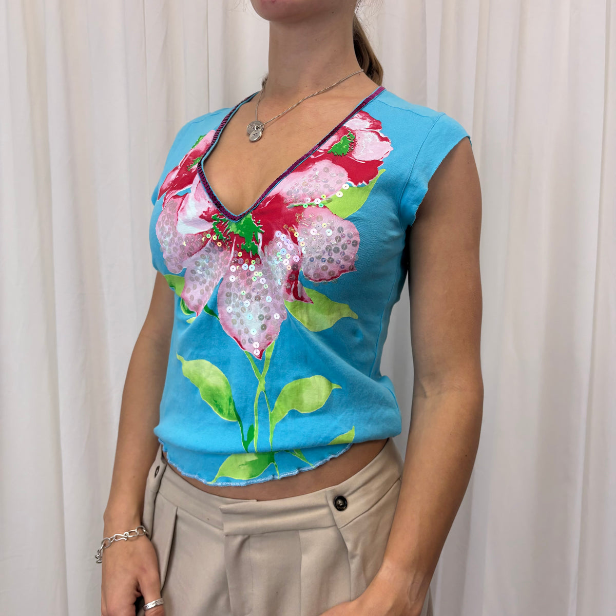 Sequin Flower V Neck Baby Tee