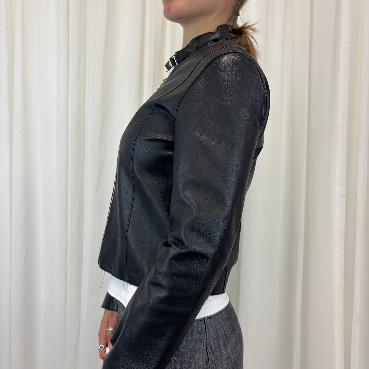 Ruched Italian Biker Leather Jacket | Size M