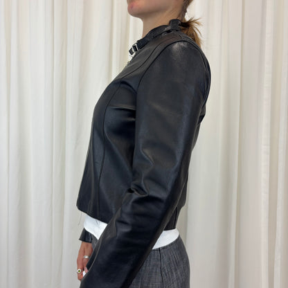 Ruched Italian Biker Leather Jacket | Size M