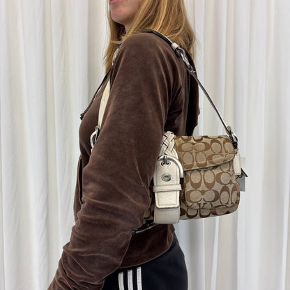 Coach Signature Double Pocket Soho Bag with White Leather