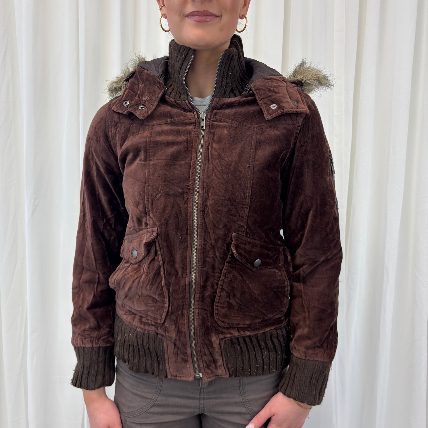 Velour Zip Up with Fur Hood