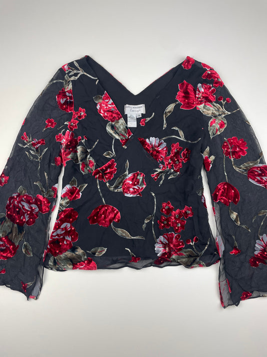 Silk Flared Sleeve Flower Blouse