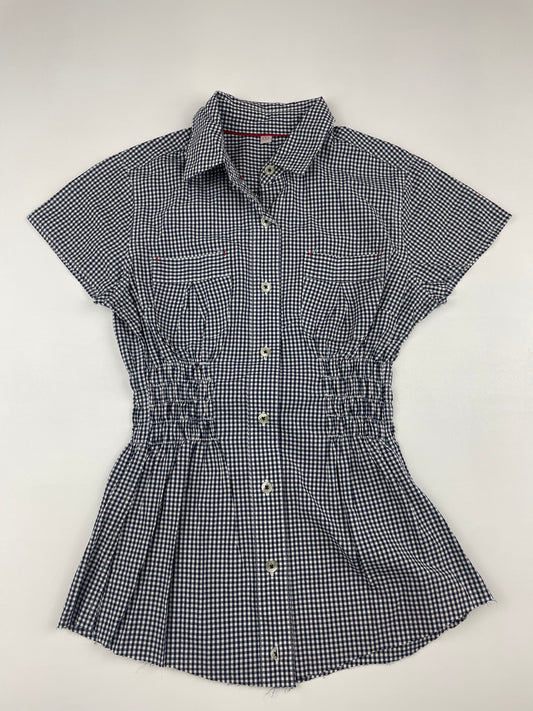 Navy Checkered Cinch Shirt with Raw Hem
