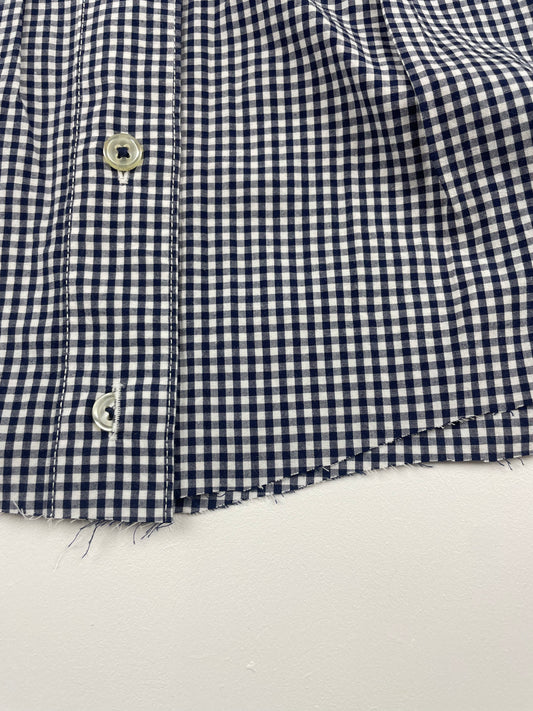 Navy Checkered Cinch Shirt with Raw Hem