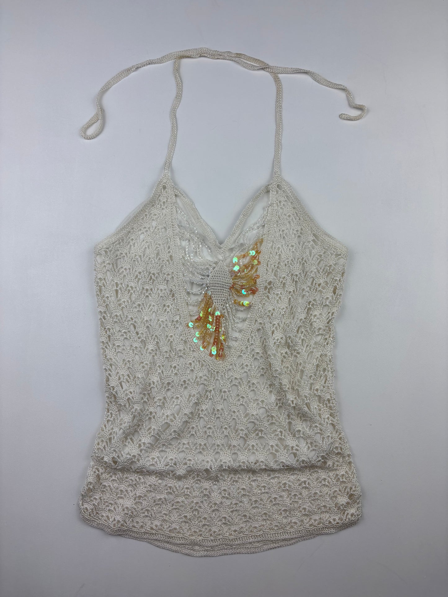 2000s Crochet Sequin White Halter