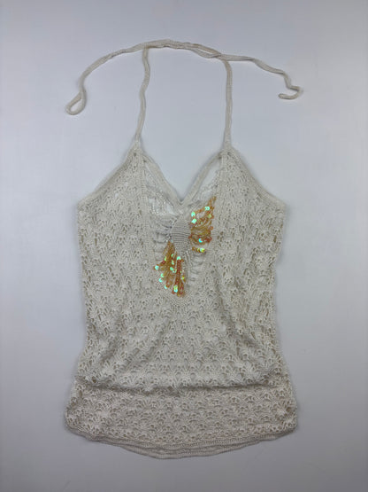 2000s Crochet Sequin White Halter