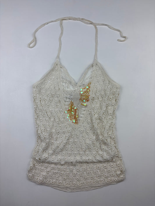 2000s Crochet Sequin White Halter