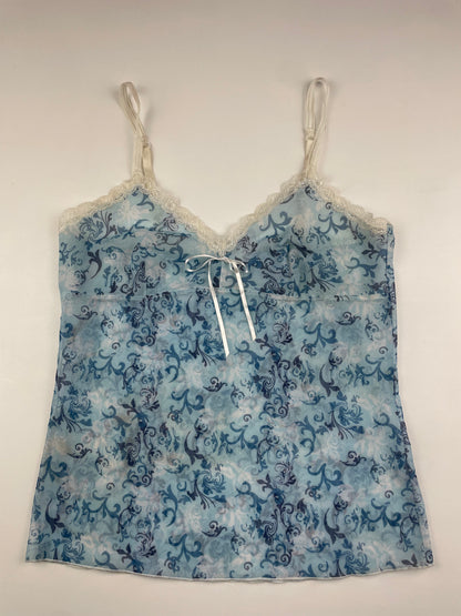 Blue Patterned Mesh and Lace Cami