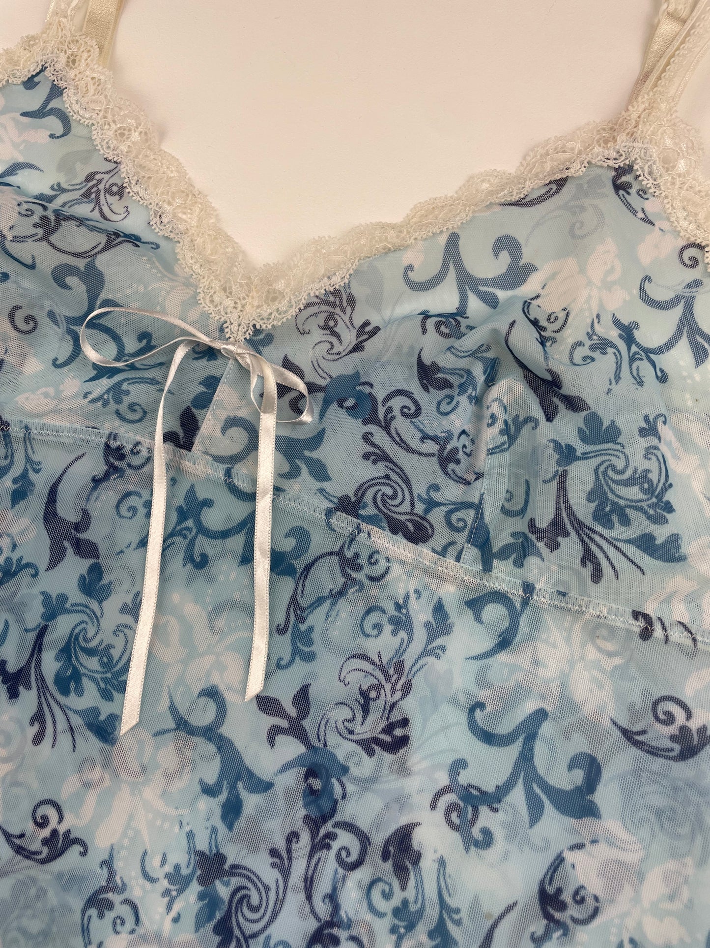 Blue Patterned Mesh and Lace Cami