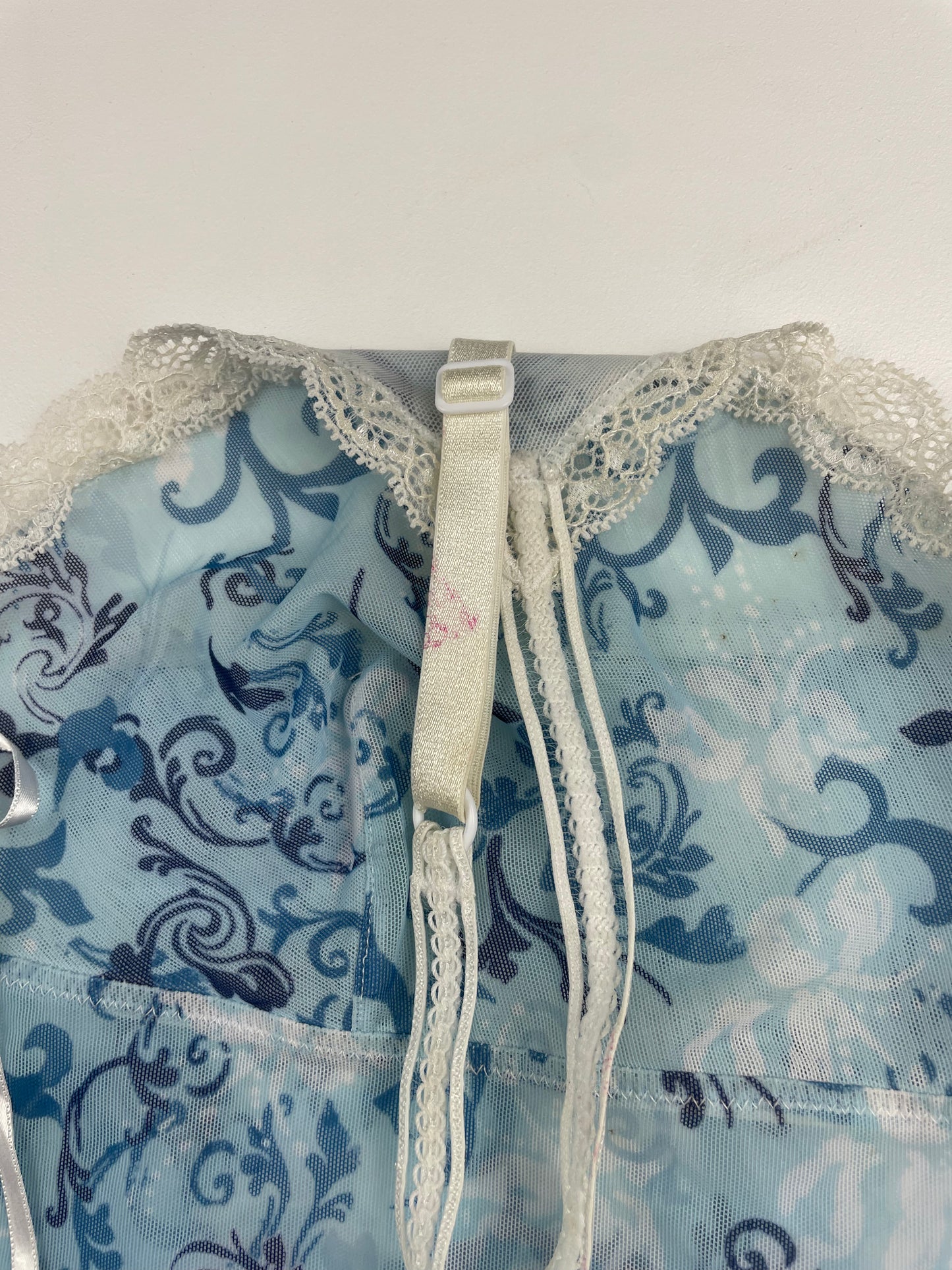 Blue Patterned Mesh and Lace Cami