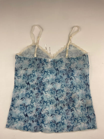 Blue Patterned Mesh and Lace Cami