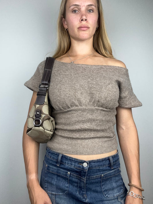 Brown Upcycled Off the Shoulder Top