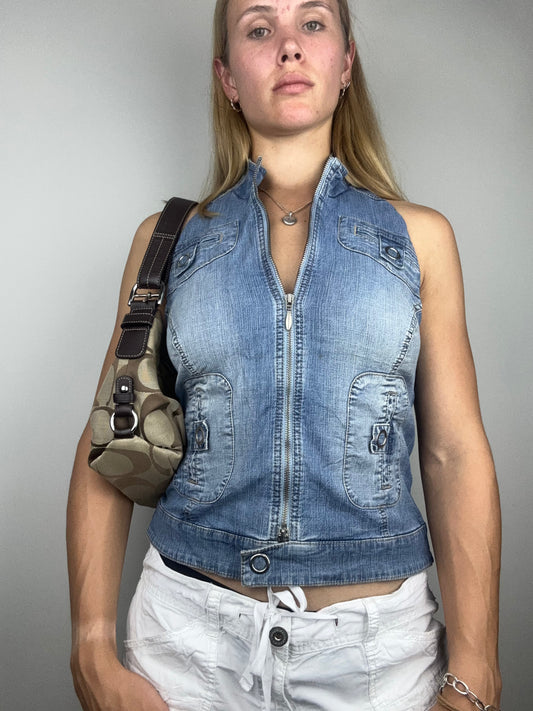 Denim Upcycled Halter with Eyelets